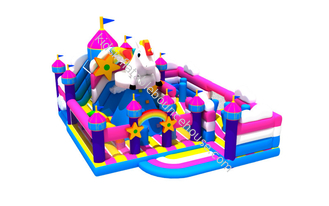 Nowy kolorowy motyw jednorożca Nadmuchiwane zabawne miasto Nadmuchiwany bramkarz ze zjeżdżalnią Jumping House Bounce combo